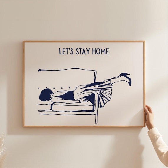 Let's Stay Home Introvert Poster Funny Navy Woman Couch Quote Decor