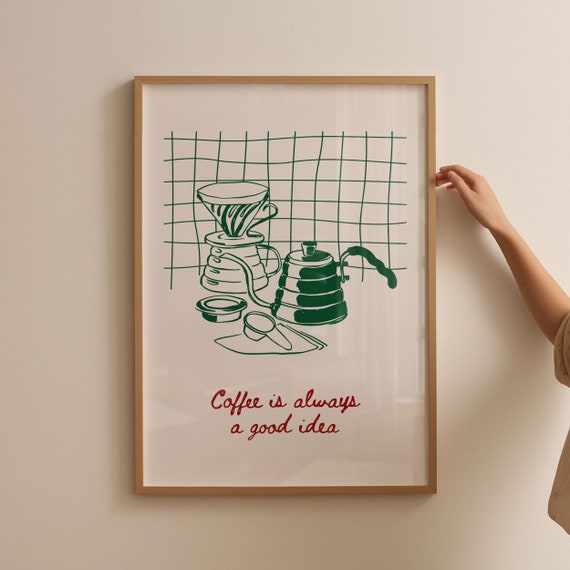 Hand Drawn Green Coffee Print Italian Kitchen Retro Neutral Decor Lover Minimalist