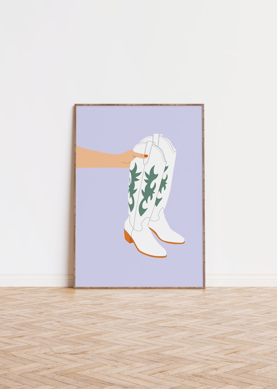 White Cowboy Boots With Green Embroidery On Lavender Western Art Poster