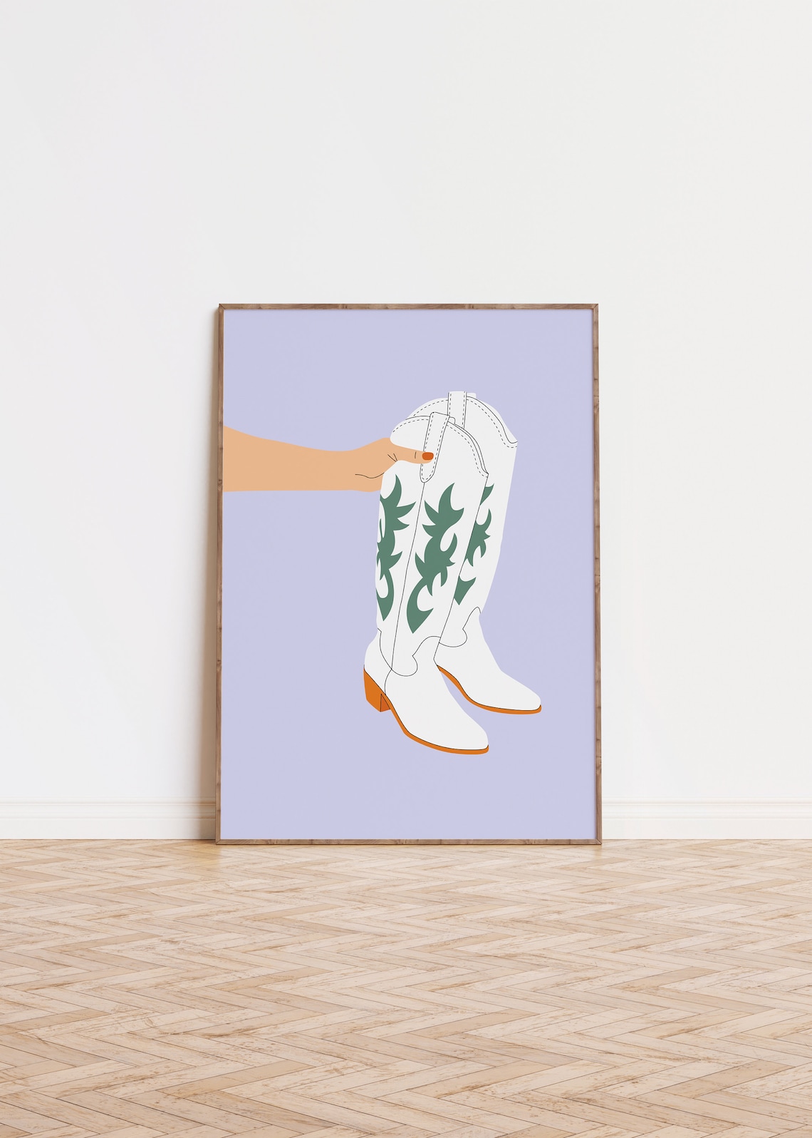 White Cowboy Boots With Green Embroidery On Lavender Western Art Poster