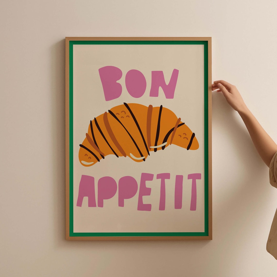 Bon Appetit Croissant Kitchen Poster Pink Green French Food Decor