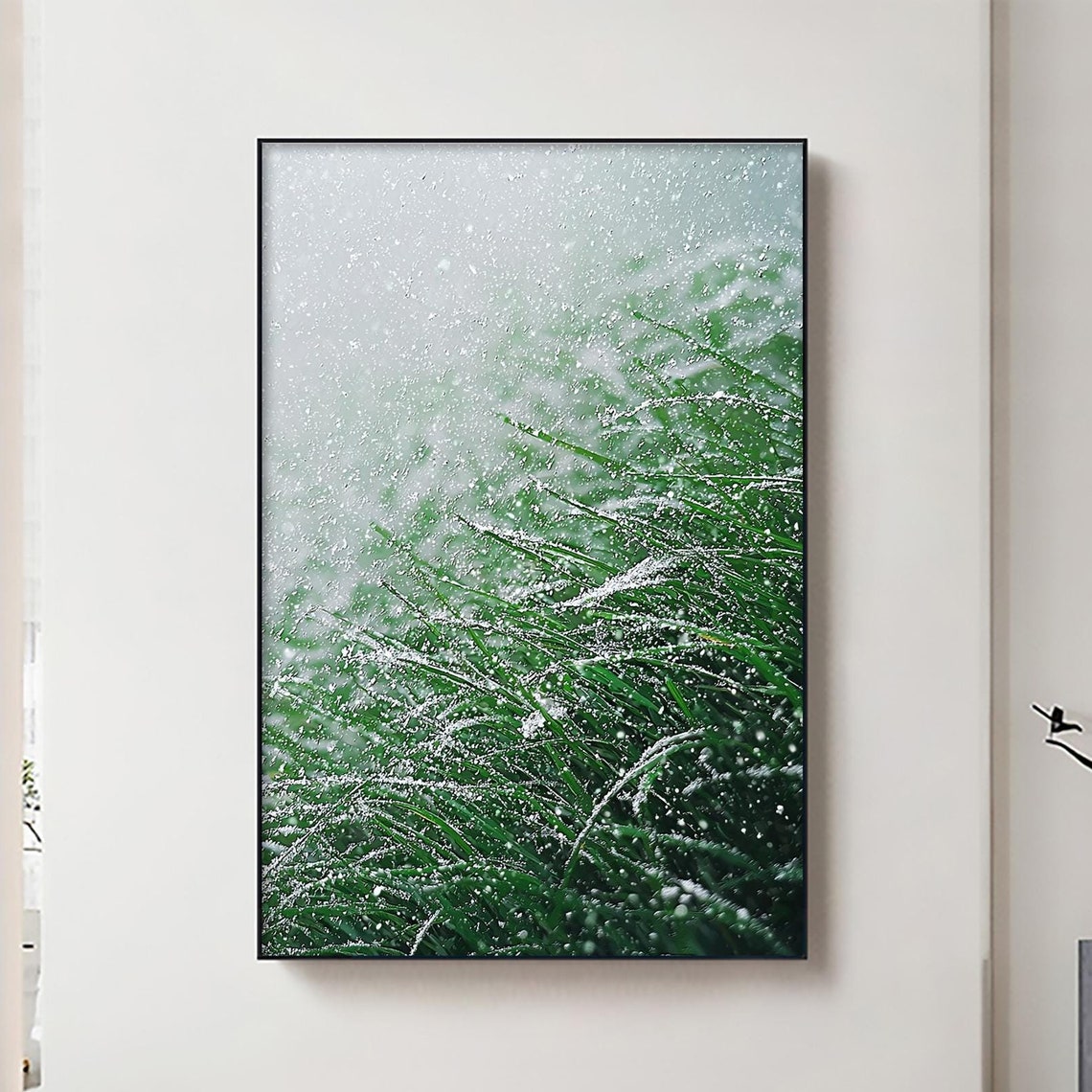 Falling Snow Dusting Lush Green Grass Close Up Winter Wall Art