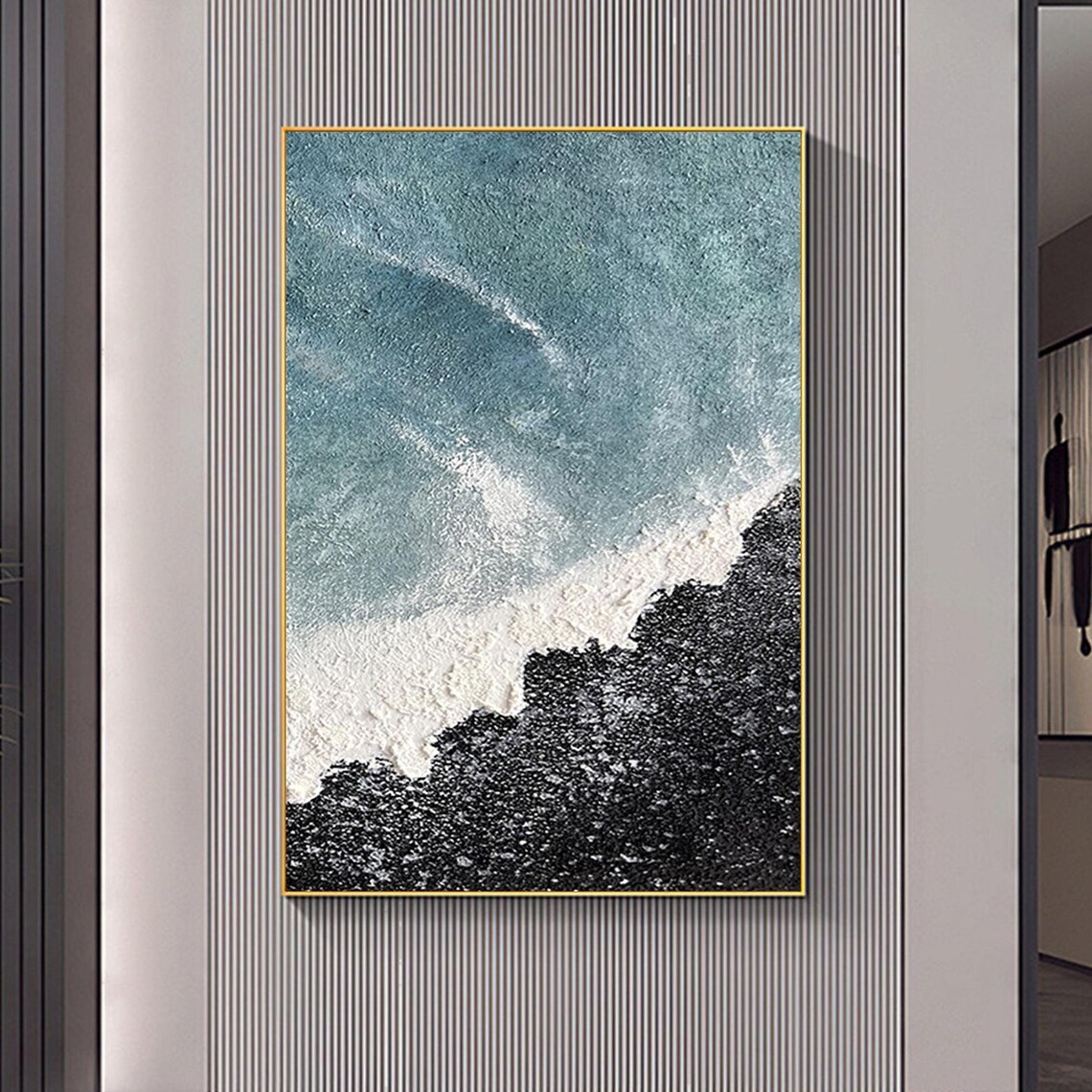 Stunning Aerial Ocean Wave Over Black Sand Beach Textured Wall Art