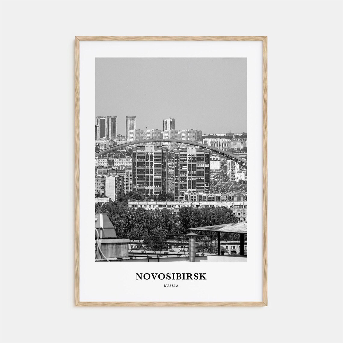 Novosibirsk Russia Cityscape Arched Bridge Black White Travel Poster