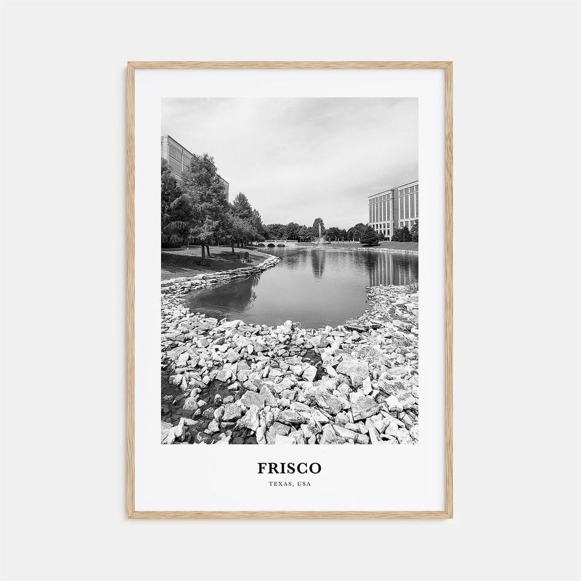 Frisco Rocky Shore Lake Black and White Minimalist Texas Travel Poster