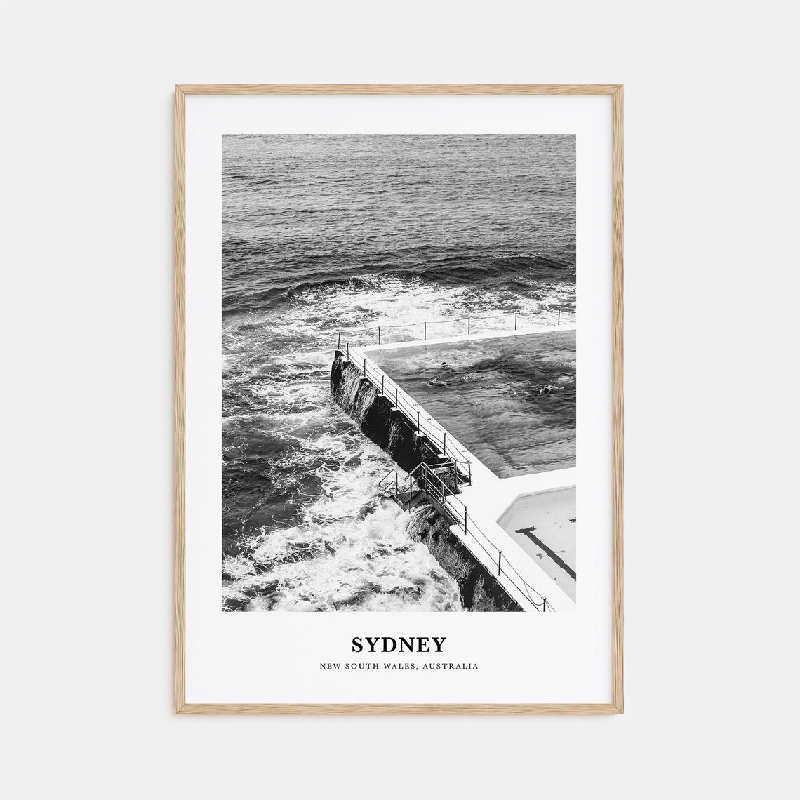 Sydney Ocean Pool Waves Crashing Black White Coastal Photo Poster