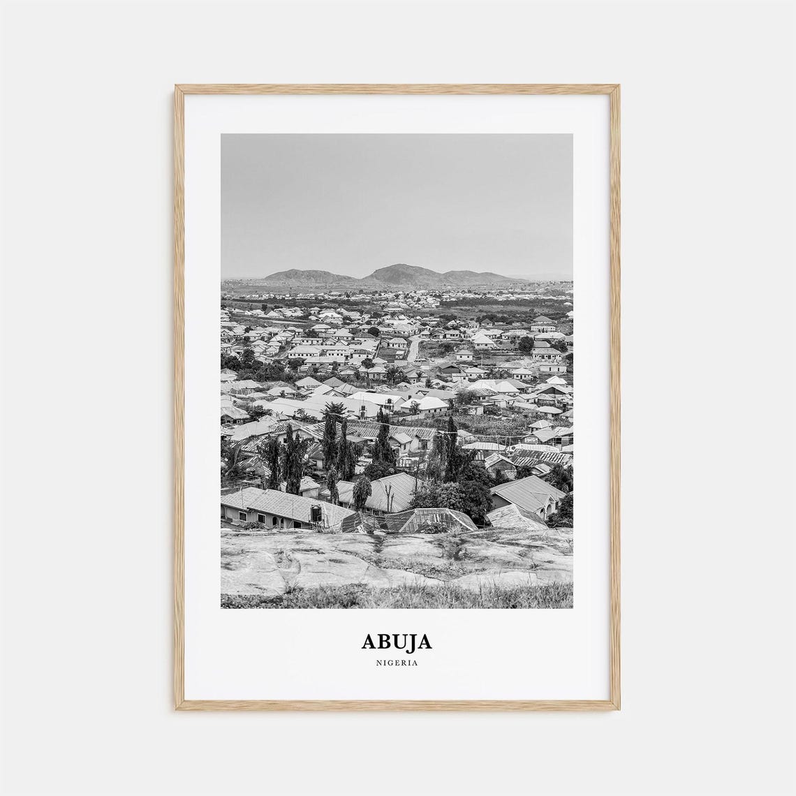 Abuja Nigeria Town Hillside View Black and White Travel Poster