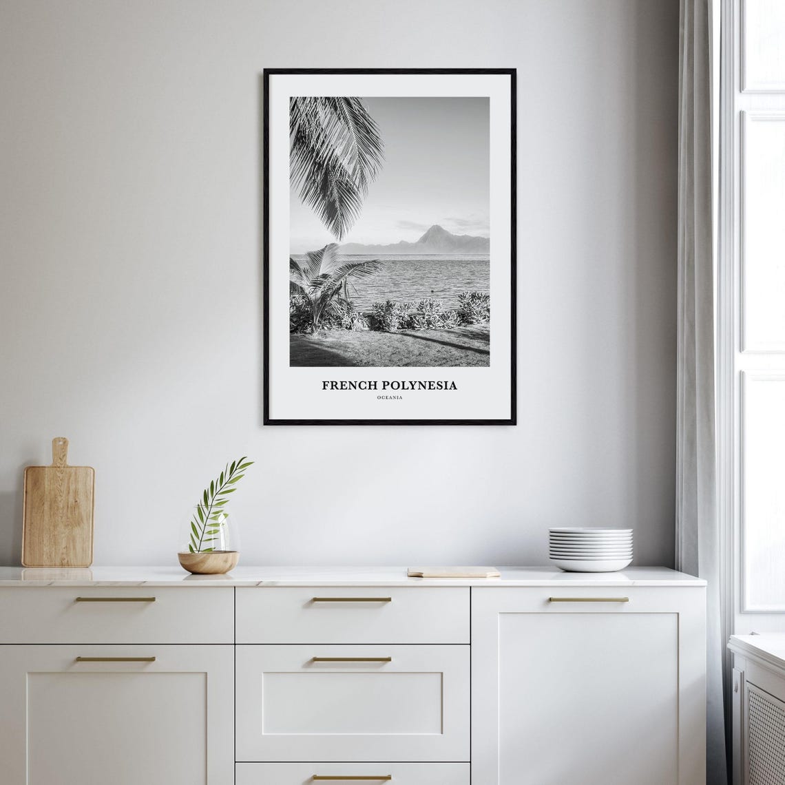 French Polynesia Monochrome Palm Trees Beach Lagoon Photo Poster - Image 2
