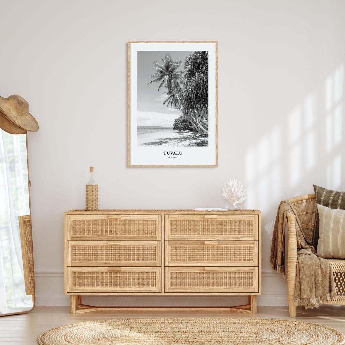 Tuvalu Oceania Palm Tree Beach Black and White Tropical Poster - Image 3