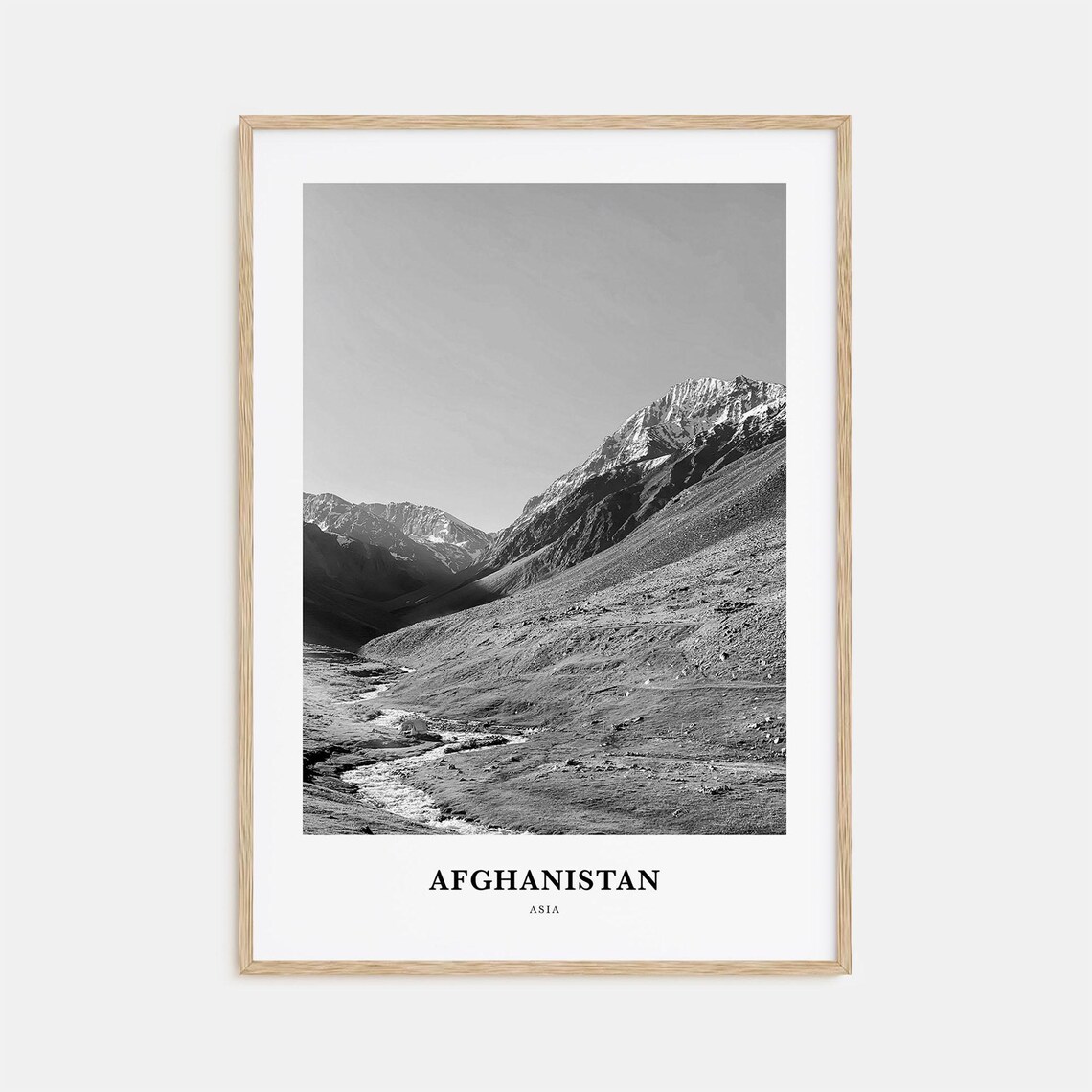 Afghanistan Snowy Mountain Valley Stream Black and White Travel Poster