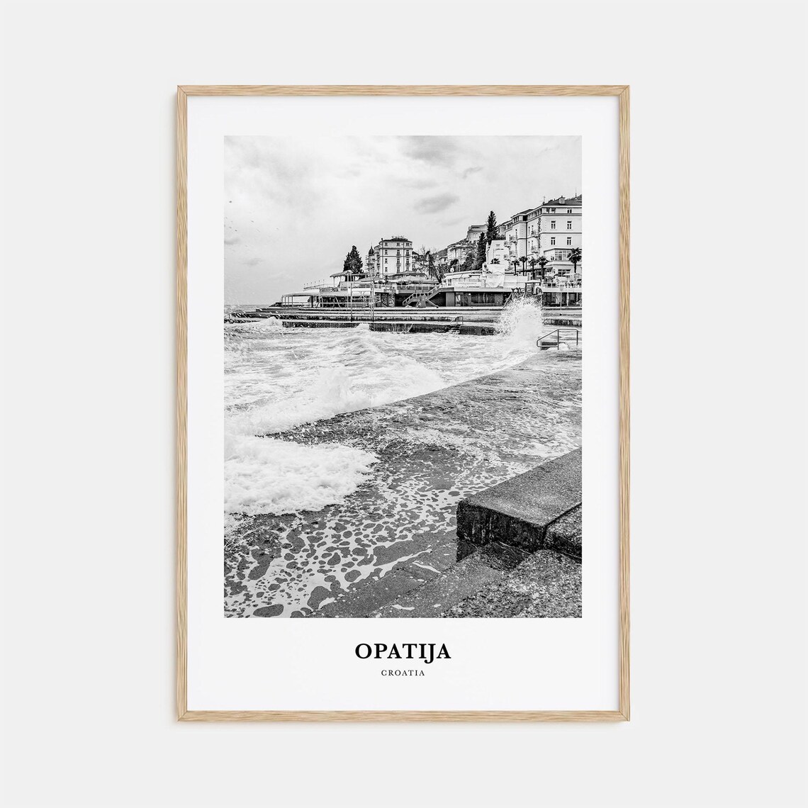Opatija Croatia Black and White Waves Waterfront Promenade Poster
