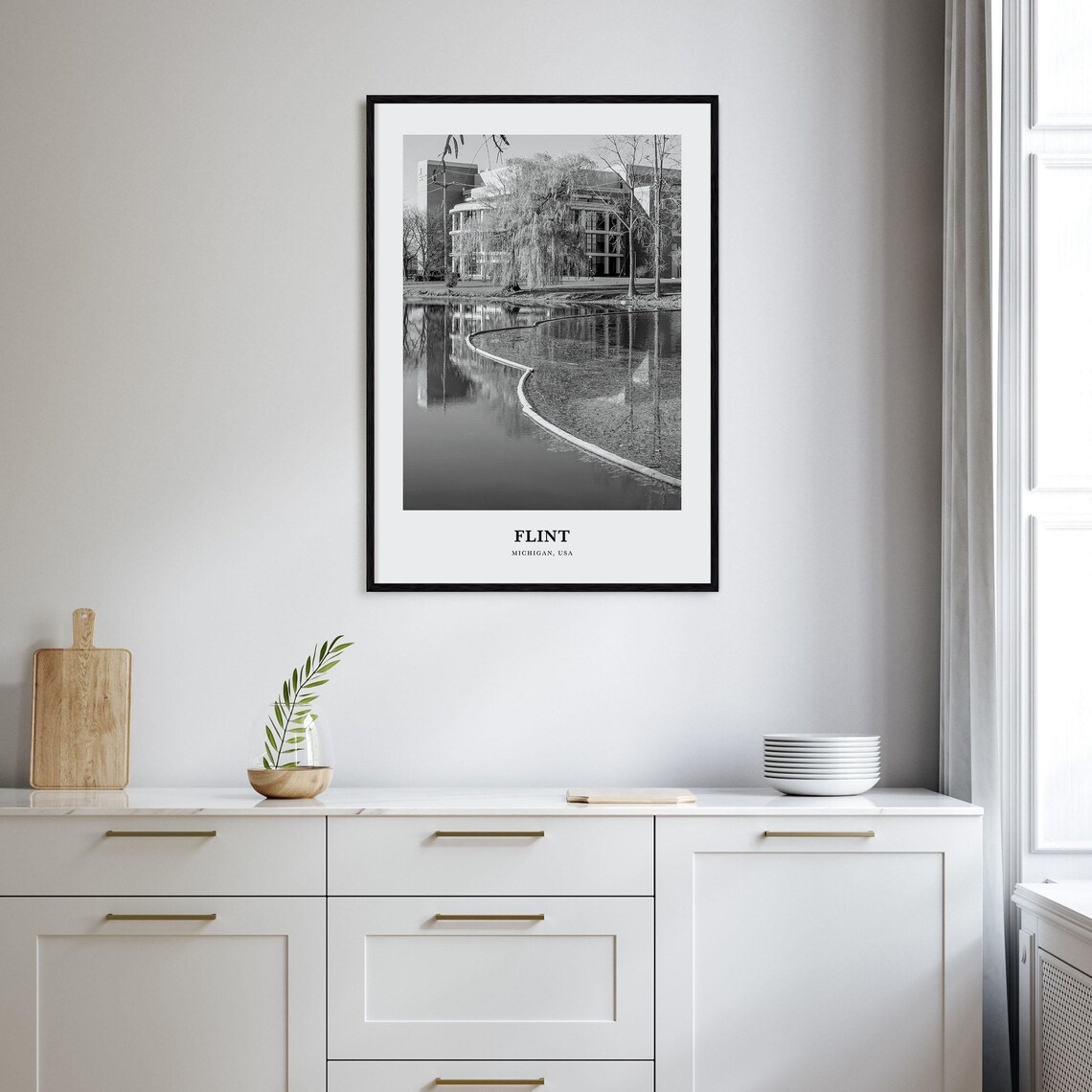 Flint Michigan Pond Reflections Black and White Photo Poster - Image 2