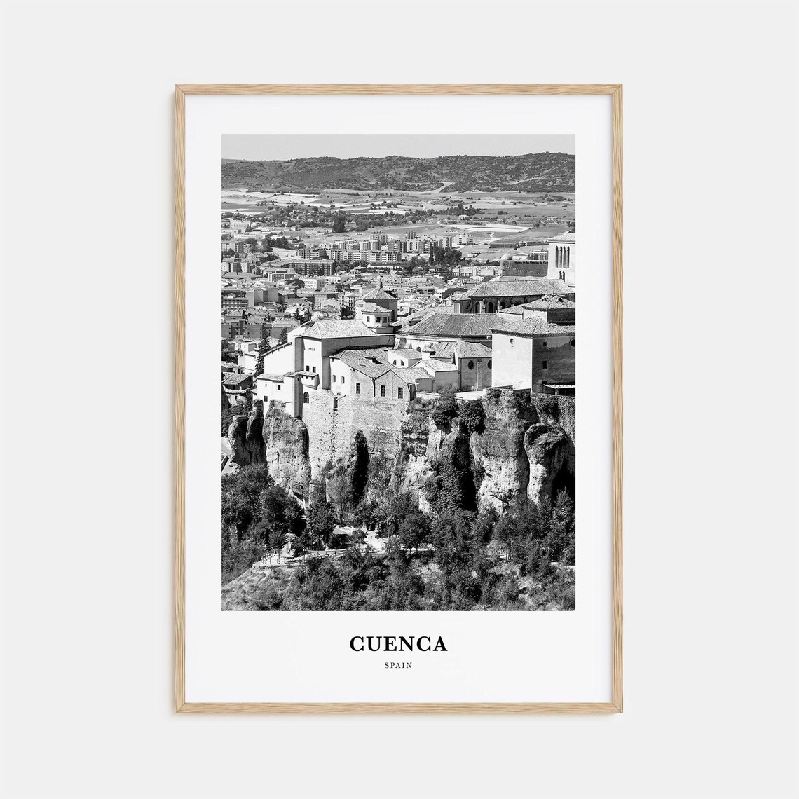 Cuenca Spain Hanging Houses Gorge Black and White Travel Poster