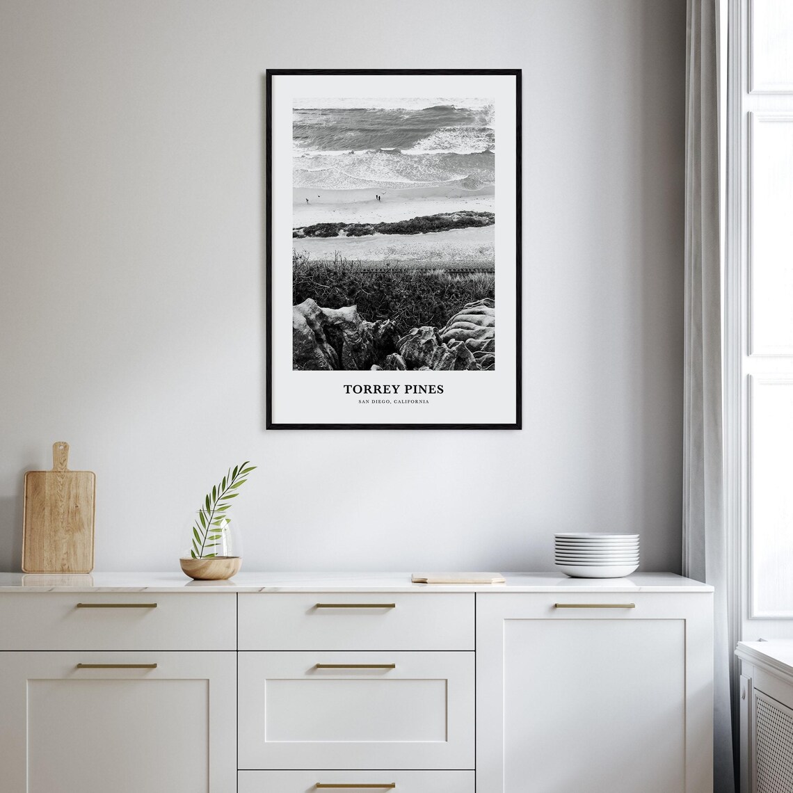 Torrey Pines San Diego Beach Cliffs Aerial Black and White Poster - Image 2