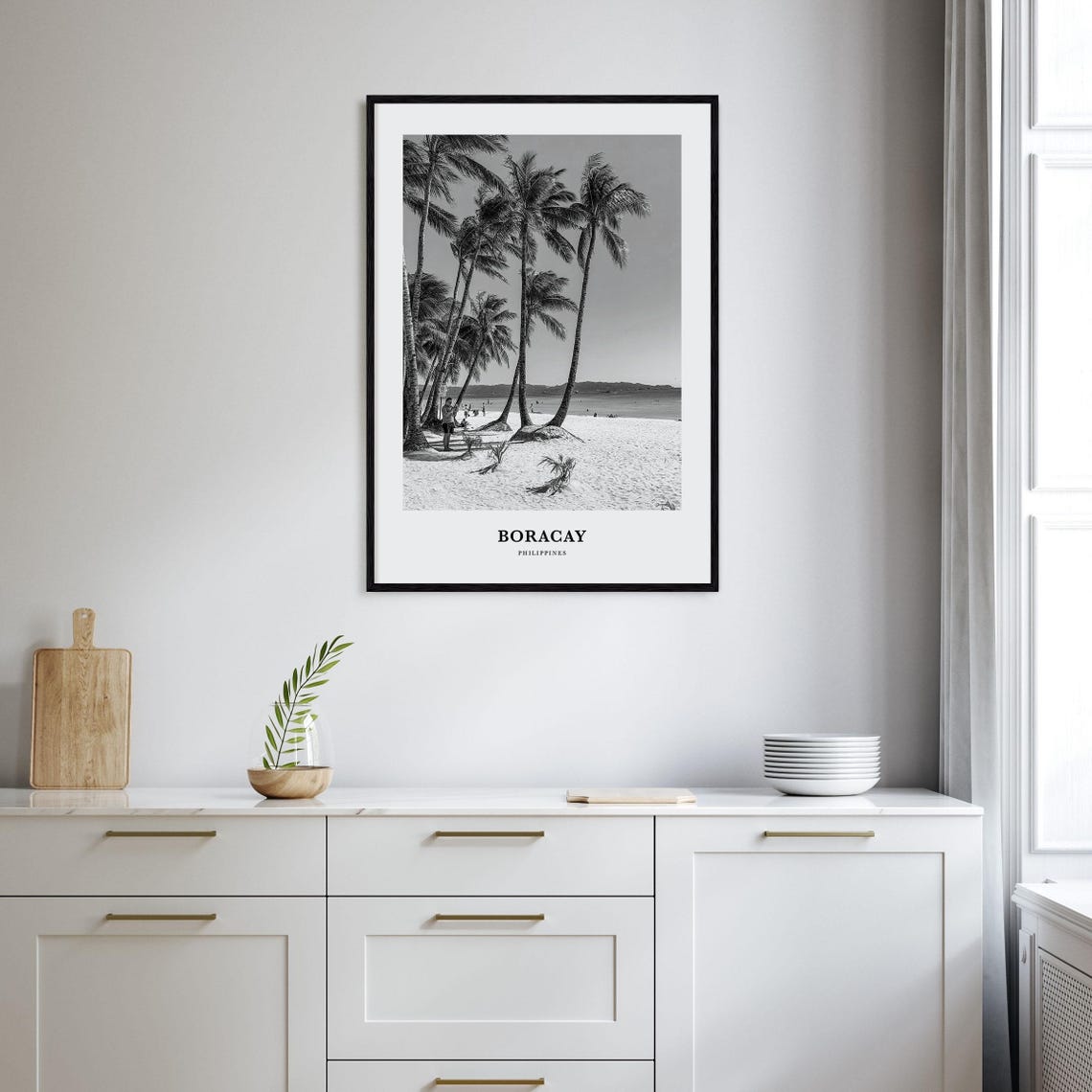 Boracay Philippines Palm Trees White Sand Beach Black and White Poster - Image 2