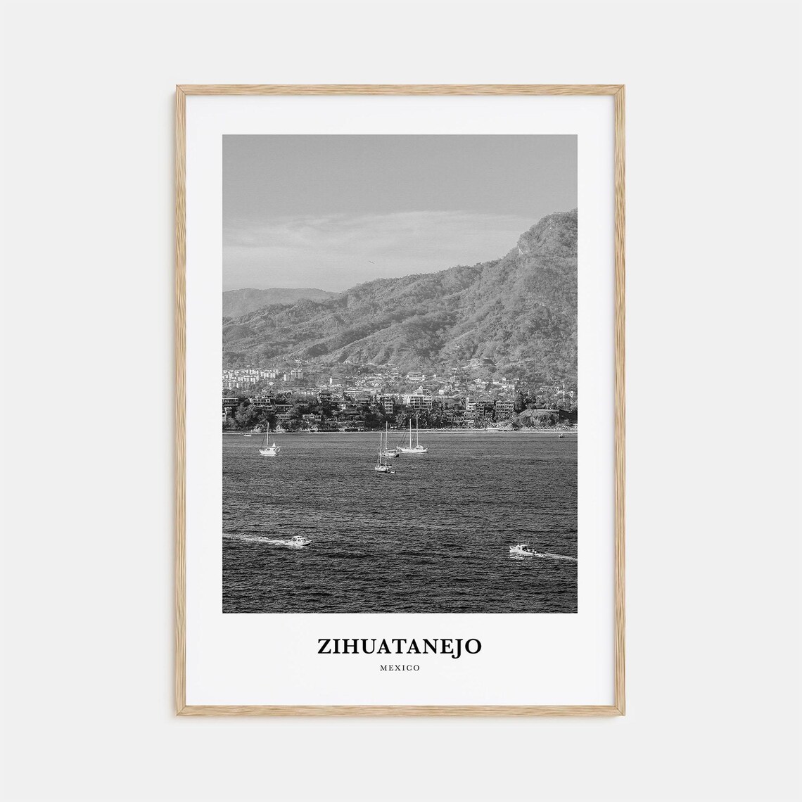 Zihuatanejo Mexico Sailboats Bay Mountains Black and White Poster