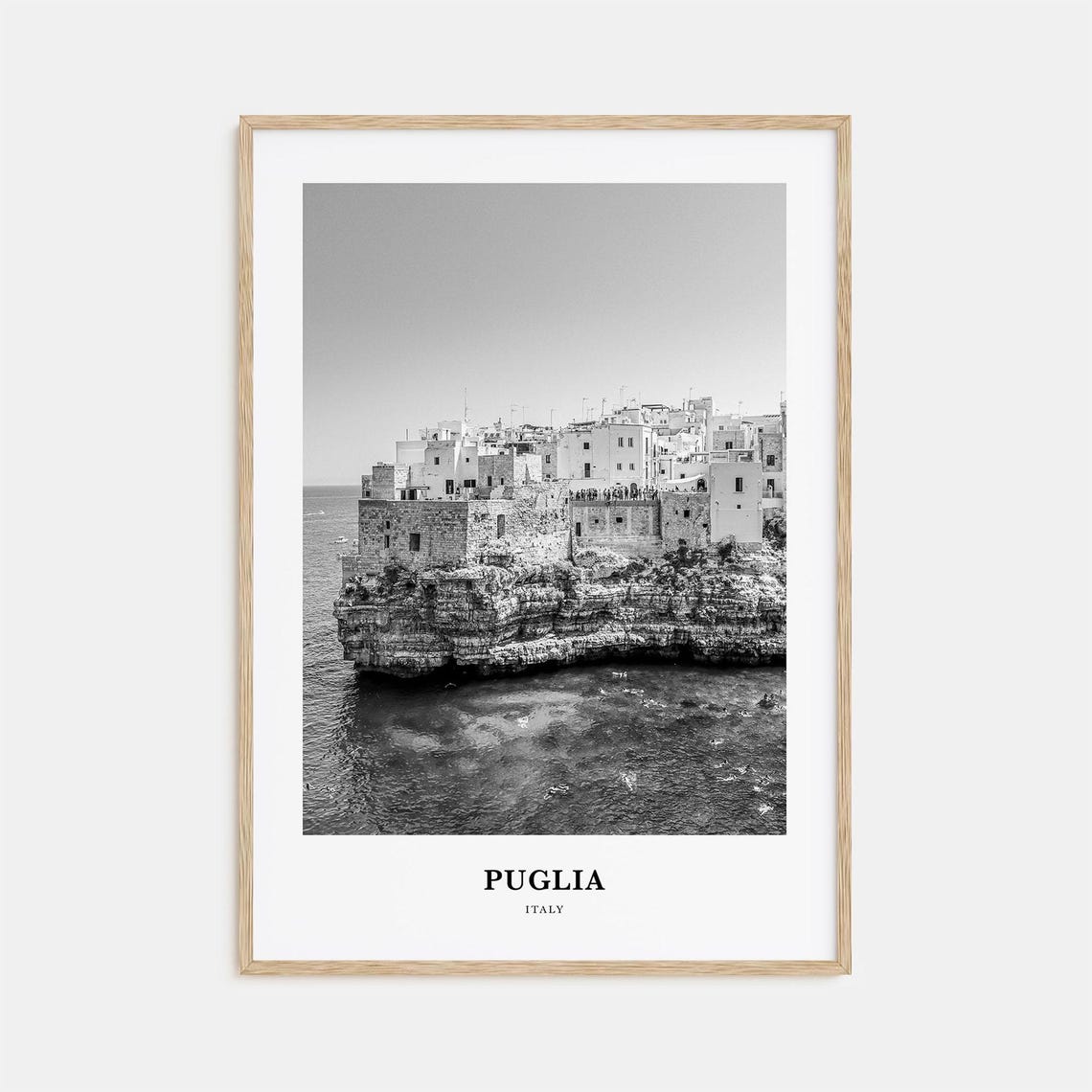 Puglia Italy Clifftop Coastal Town Sea View Black White Travel Poster