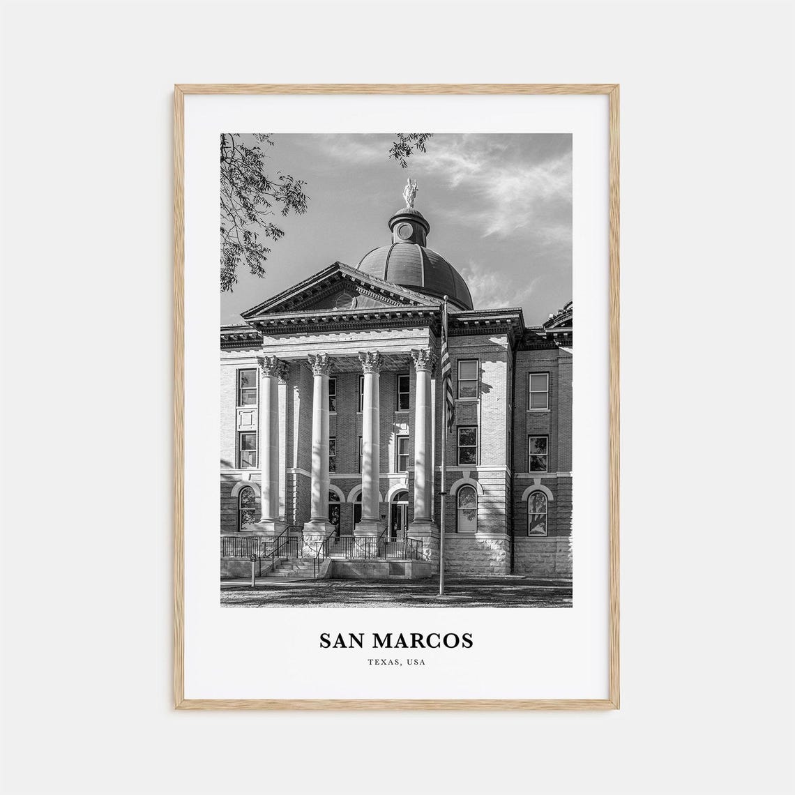 San Marcos Texas Courthouse Columns Dome Black and White Poster