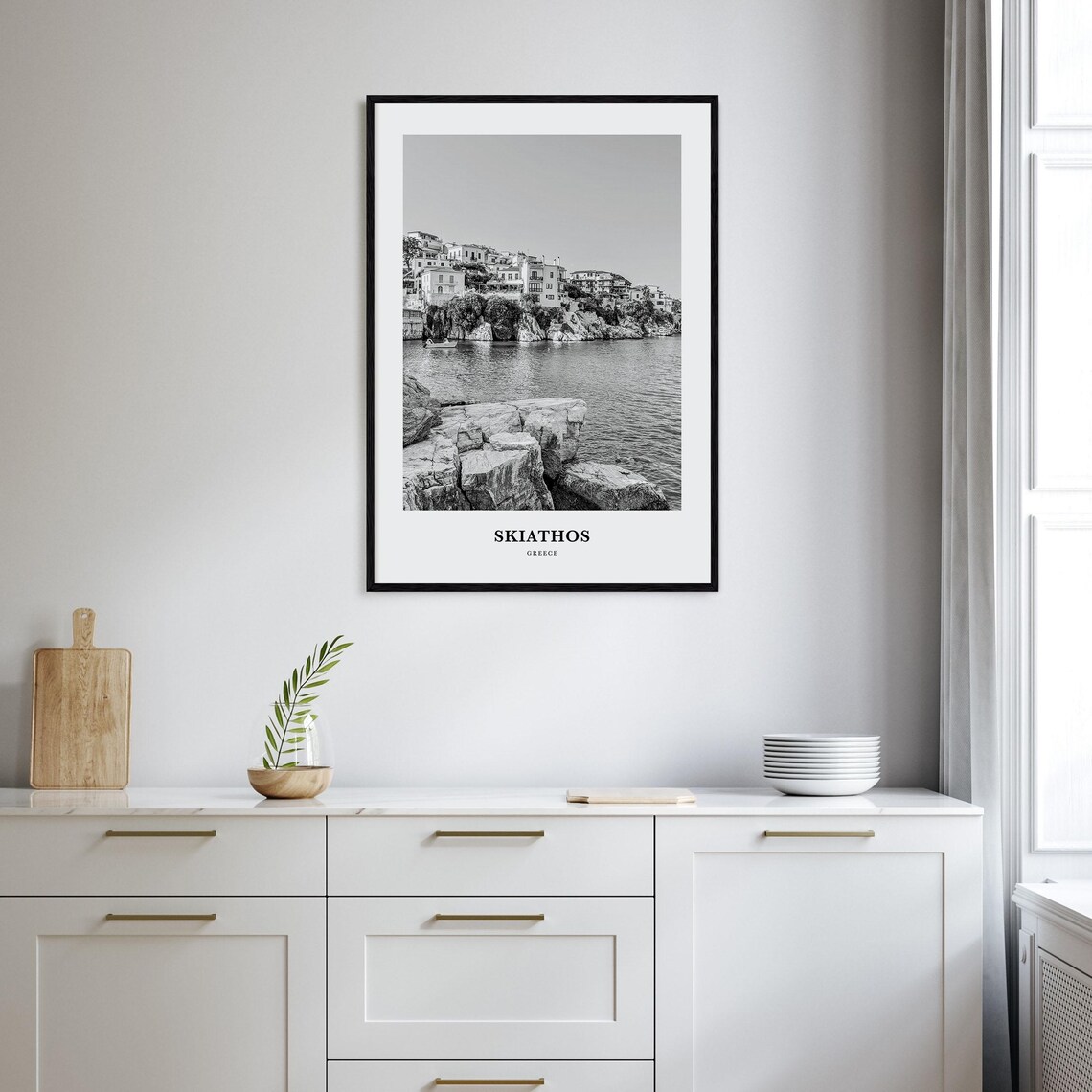 Skiathos Greece Coastal Harbor Town Black and White Travel Poster - Image 2