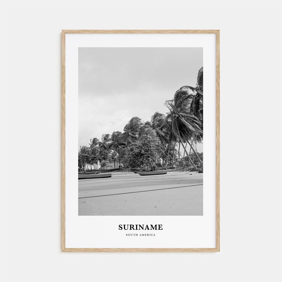 Suriname Palm Beach and Boats Scene Black and White Travel Poster