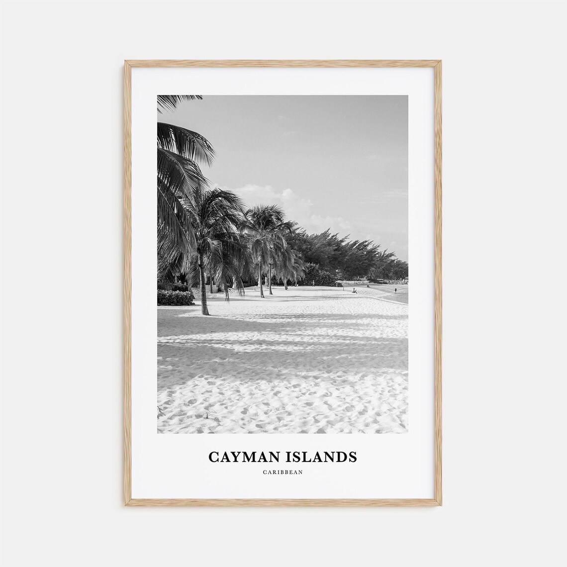 Cayman Islands Caribbean Palm Lined Beach Black White Travel Poster