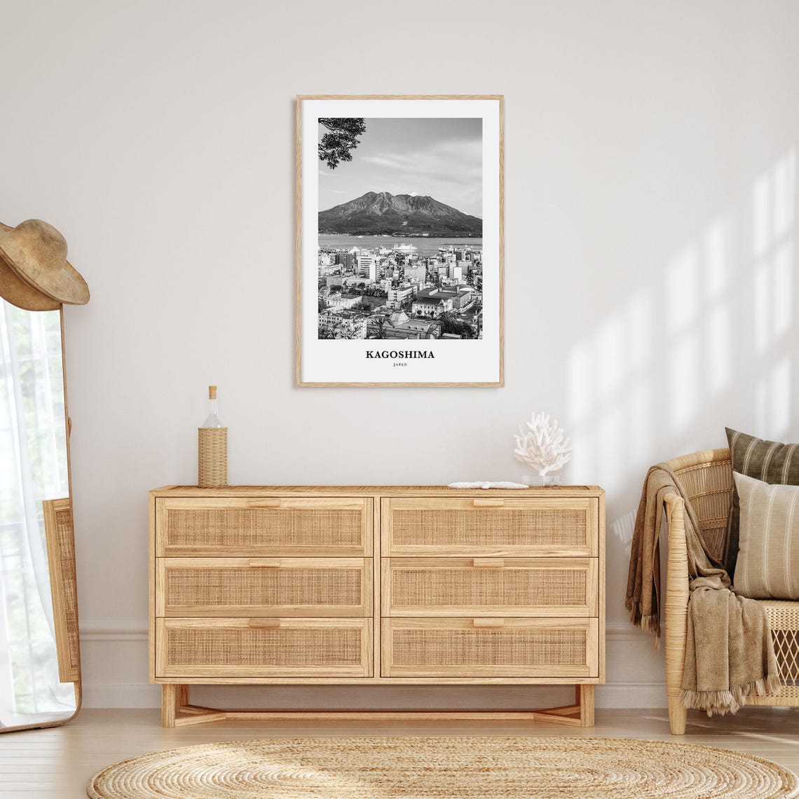 Kagoshima Japan Sakurajima Volcano Black White City Photo Poster - Image 3