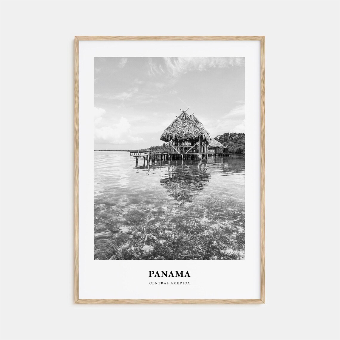 Panama Central America Overwater Thatched Hut Black White Poster