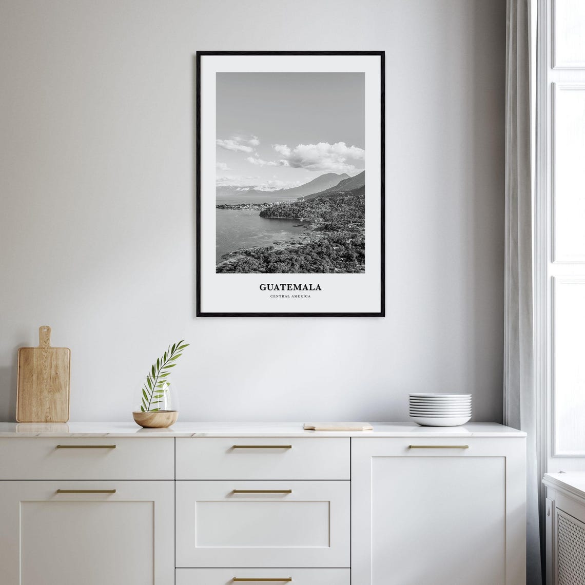 Guatemala Lake Volcano Landscape Black and White Photo Poster - Image 2