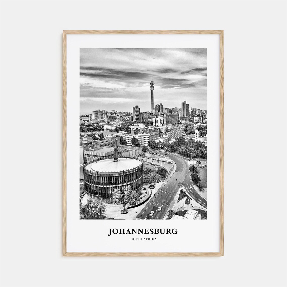 Johannesburg Black and White Round Theatre Tower Skyline Poster