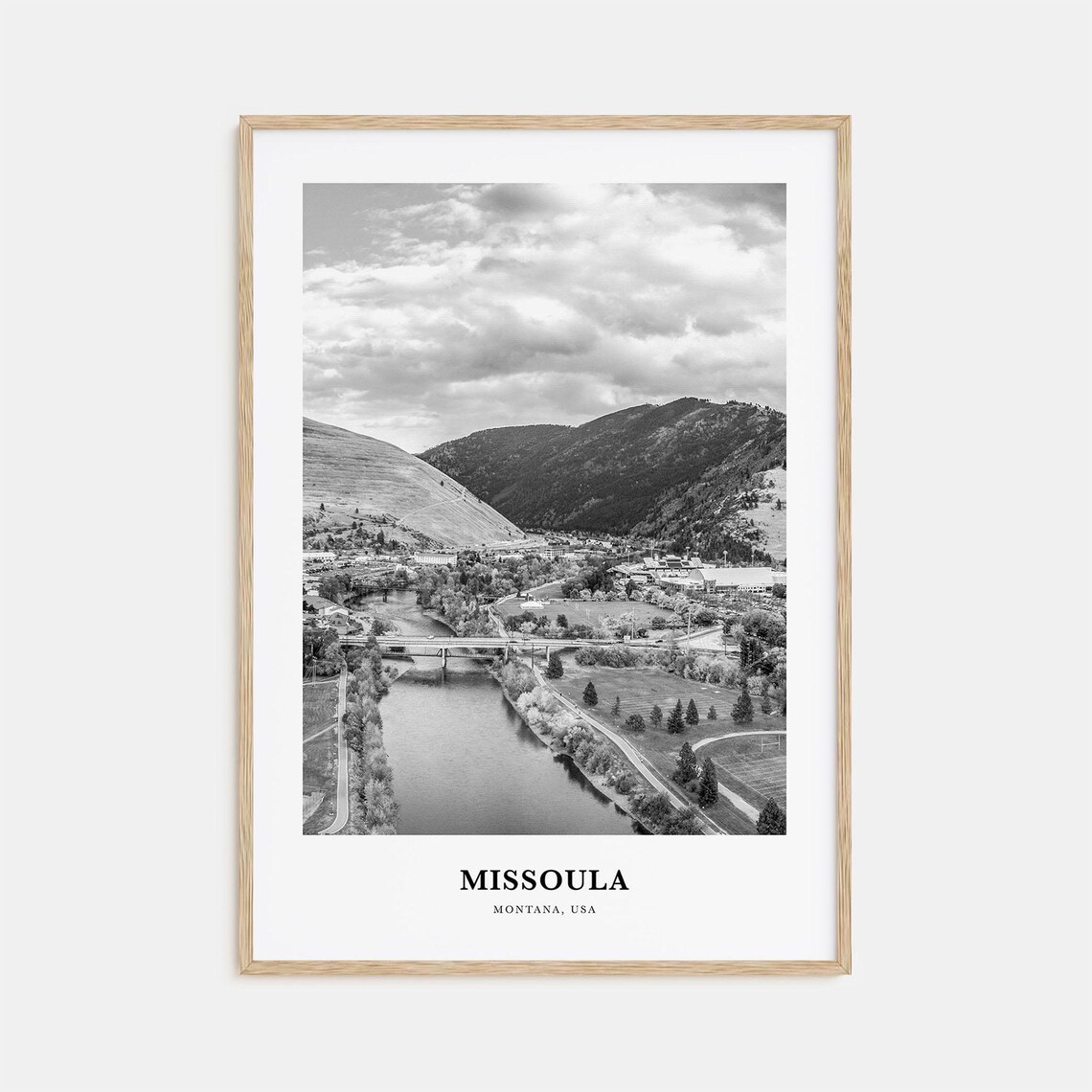 Missoula Montana River Valley View Black and White Travel Poster