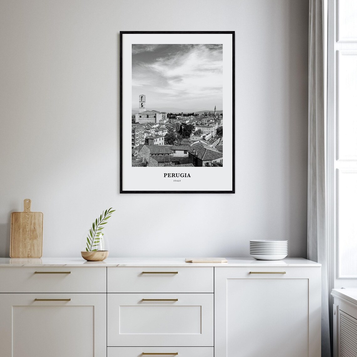 Perugia Italy Old Town Rooftops Church Black and White Poster - Image 2