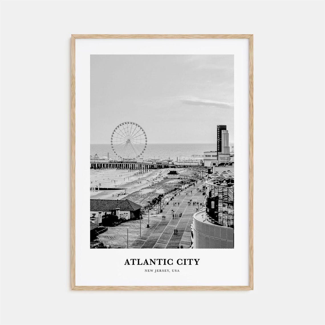 Atlantic City New Jersey Boardwalk Wheel Black and White Poster