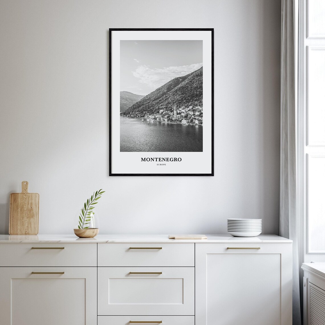 Montenegro Bay of Kotor Coastal Town Bay Black and White Poster - Image 2