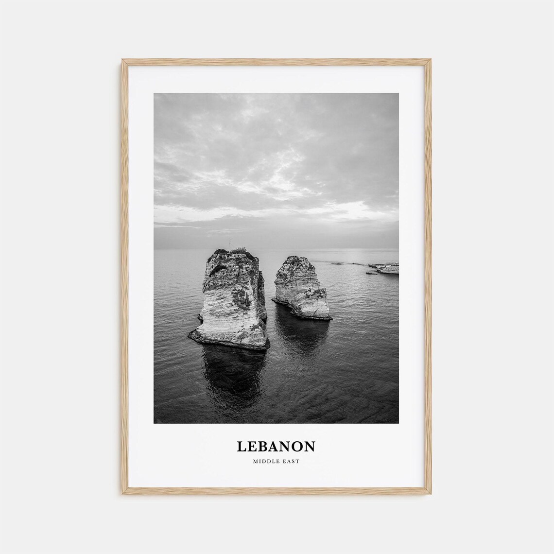 Lebanon Beirut Pigeon Rocks Sea Stacks Black and White Poster