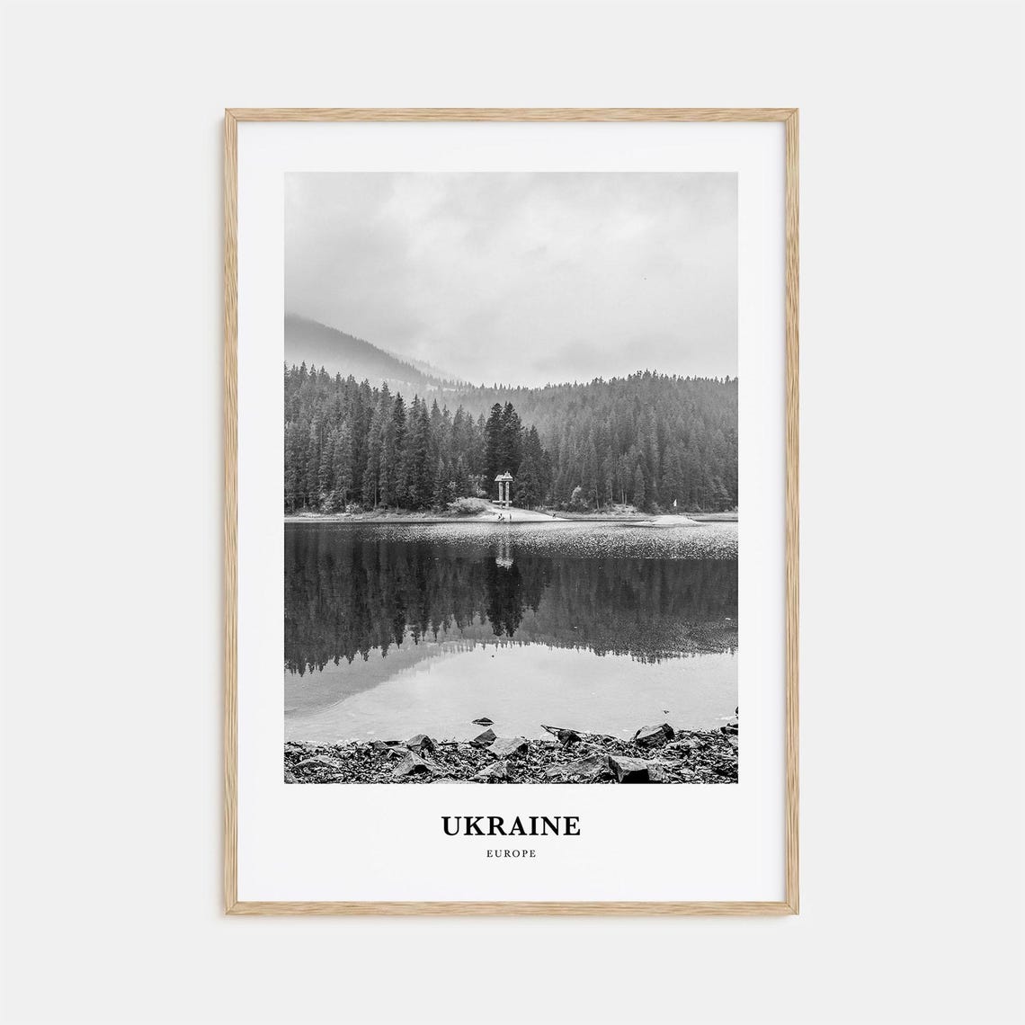 Ukraine Europe Forest Lake Mirror Reflection Black and White Poster