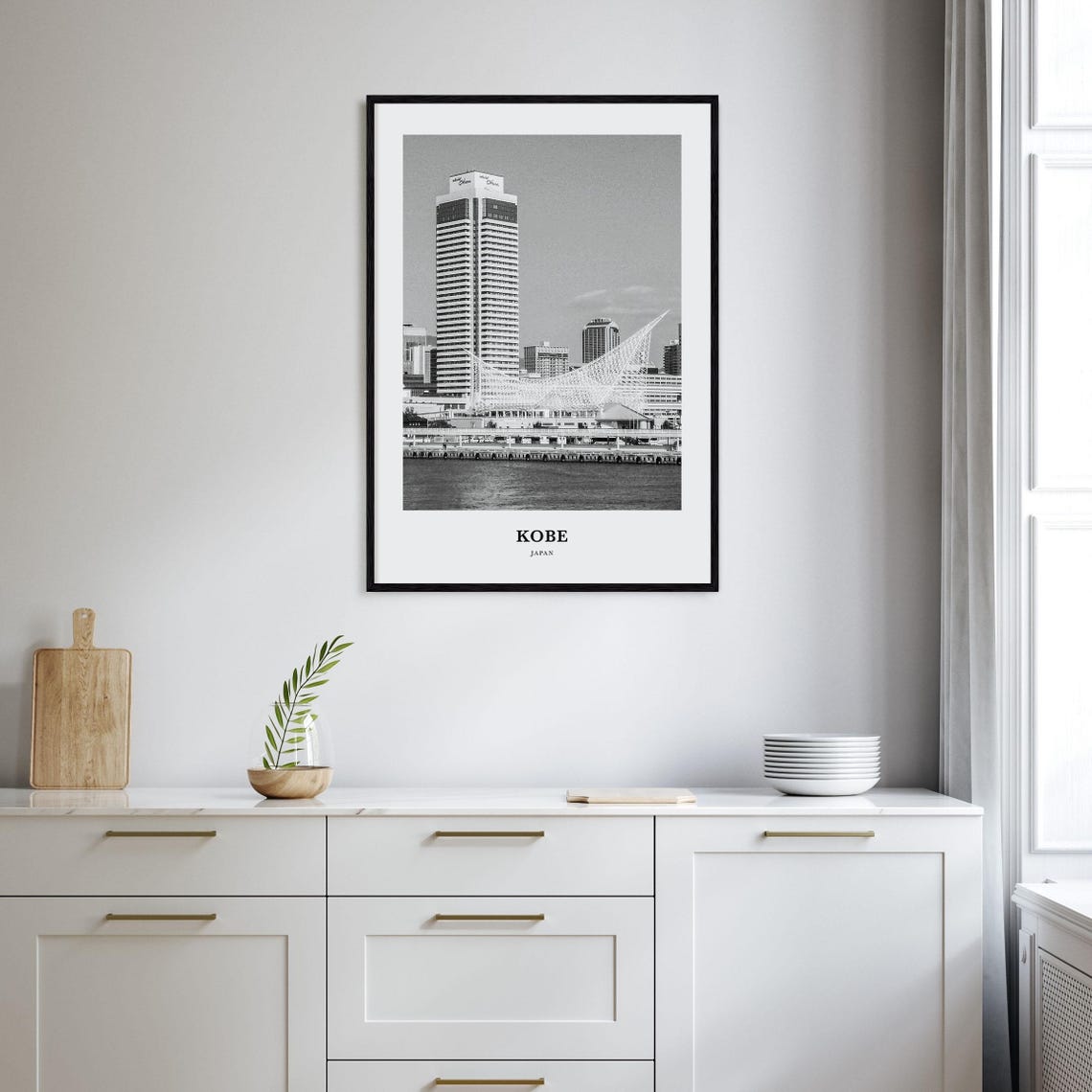 Kobe Japan Black and White Harbor Skyline Photography Poster - Image 2