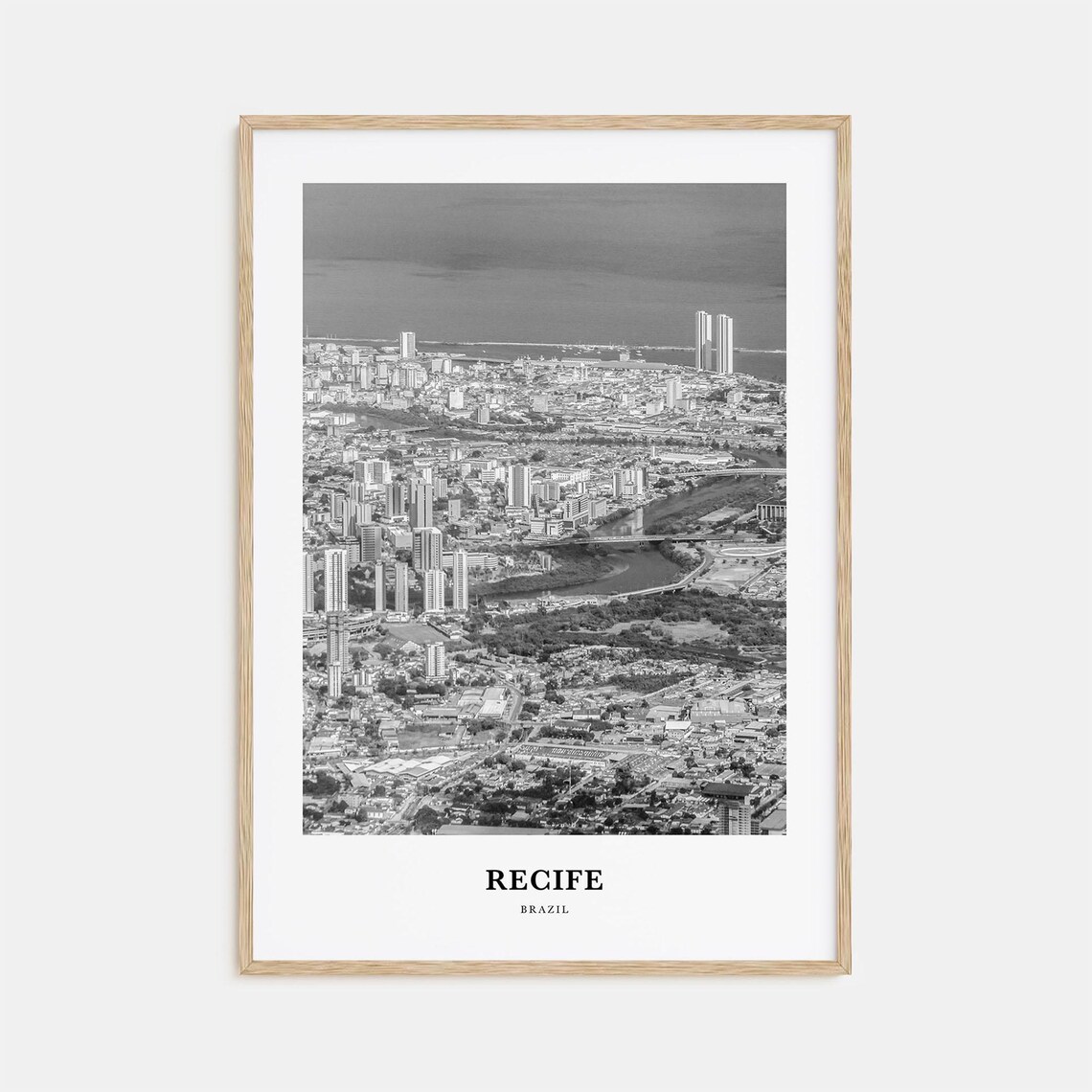 Recife Brazil Black and White Aerial City Skyline Travel Poster