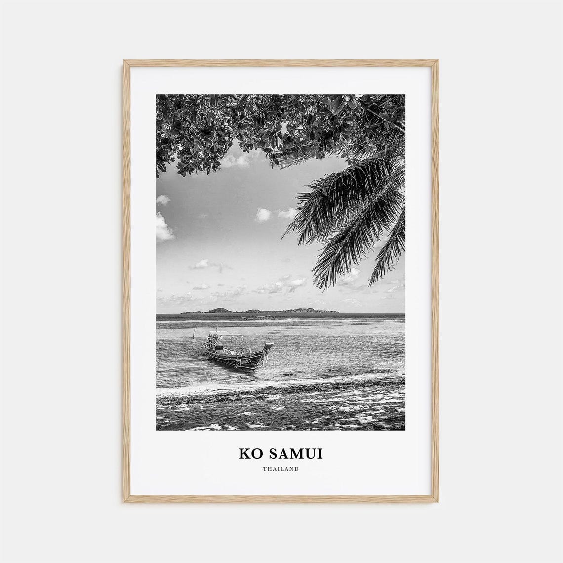 Ko Samui Thailand Black and White Longtail Boat Beach Poster