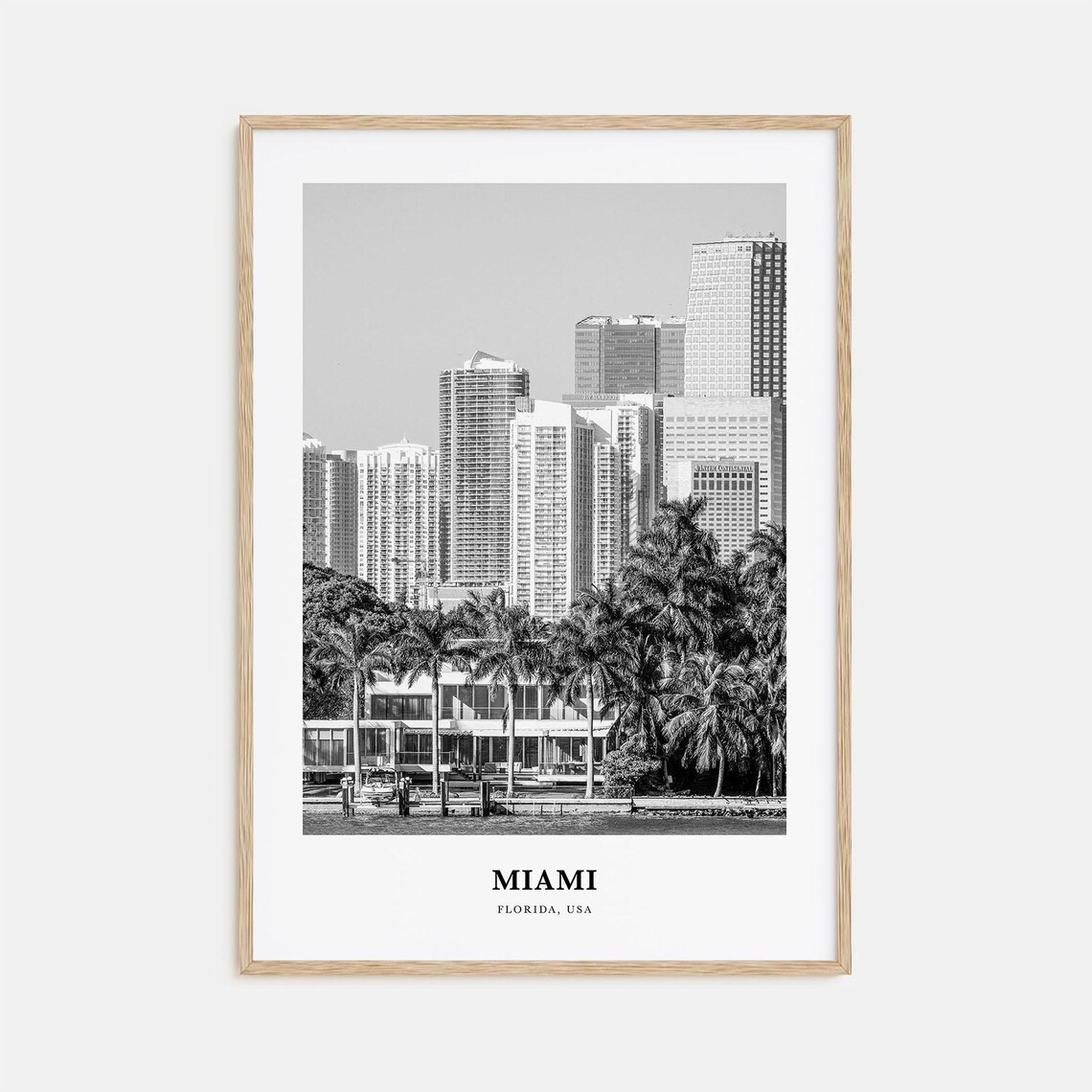 Miami Waterfront Palms Highrise Buildings Black And White Poster