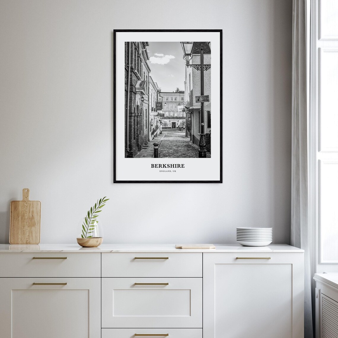 Berkshire England Charming Cobblestone Street Lamps Black White Poster - Image 2