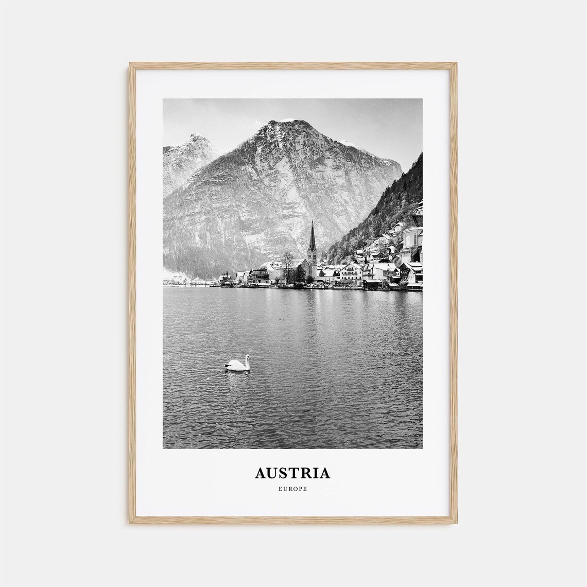 Austria Hallstatt Alpine Lake Village Black and White Poster