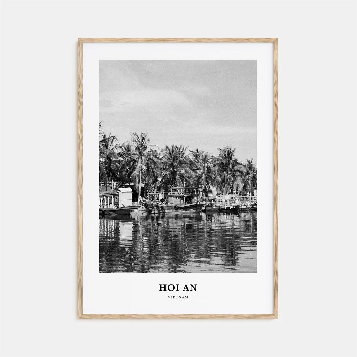 Hoi An Vietnam River Boats Palm Trees Black and White Poster