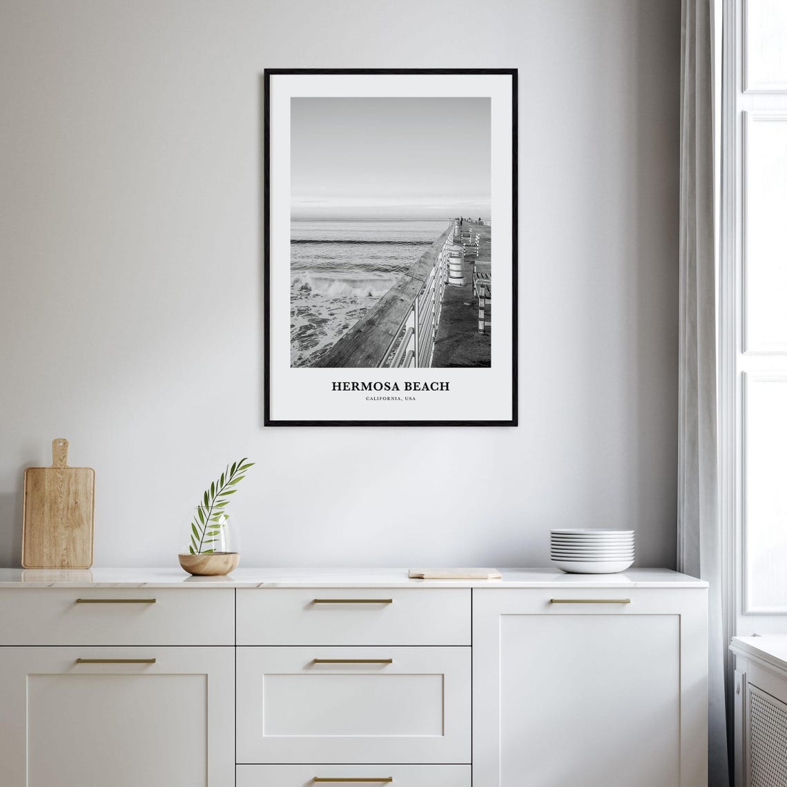 Hermosa Beach California Pier Ocean Waves Black and White Poster - Image 2
