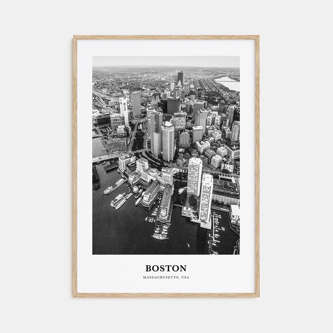 Boston Massachusetts Aerial Harbor Skyline Black White Travel Poster