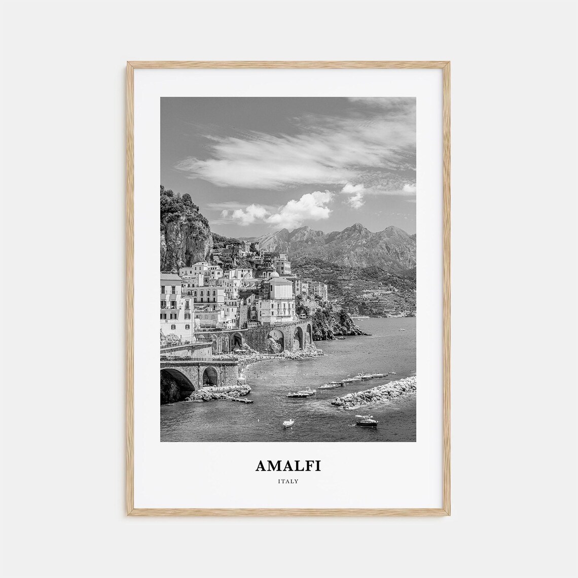 Amalfi Italy Harbor and Stone Arches Black and White Travel Poster