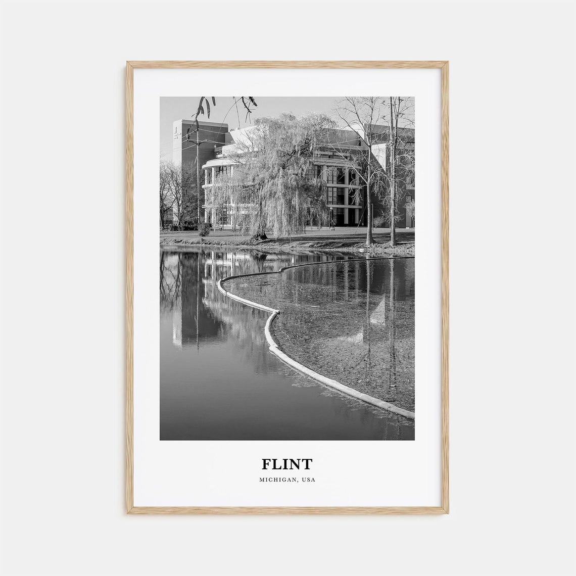 Flint Michigan Pond Reflections Black and White Photo Poster