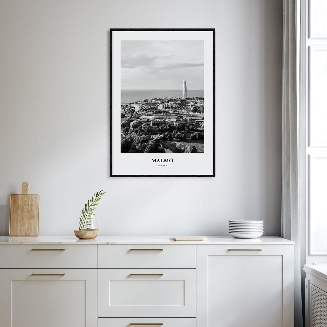 Malmo Coastal Skyline with Turning Torso Black and White Poster - Image 2