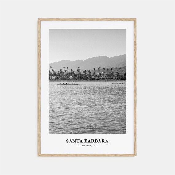 Santa Barbara California Beachfront Rowing Boats Water Black White Poster