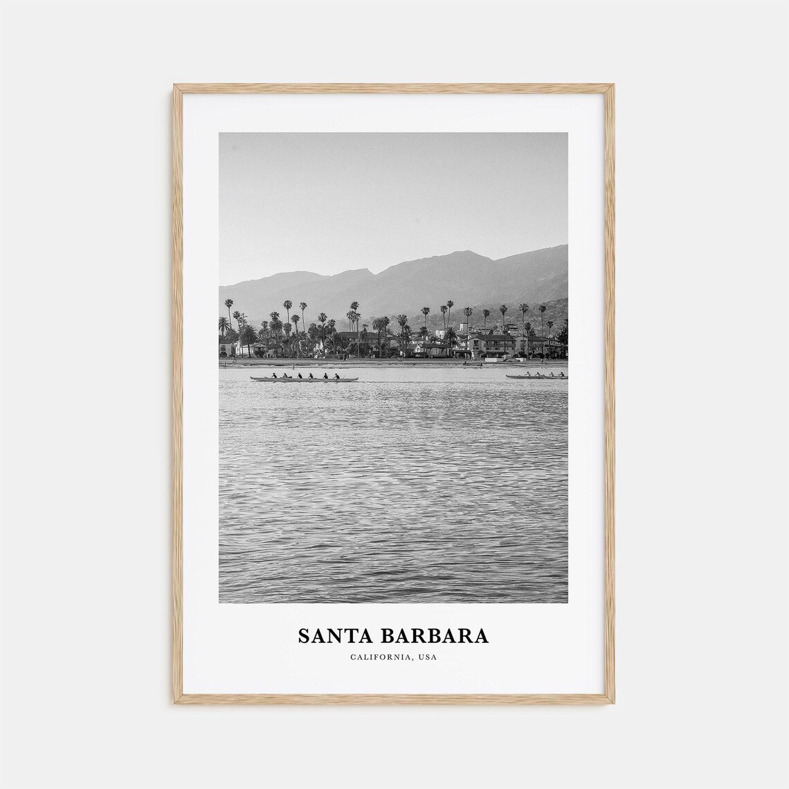 Santa Barbara California Beachfront Rowing Boats Water Black White Poster