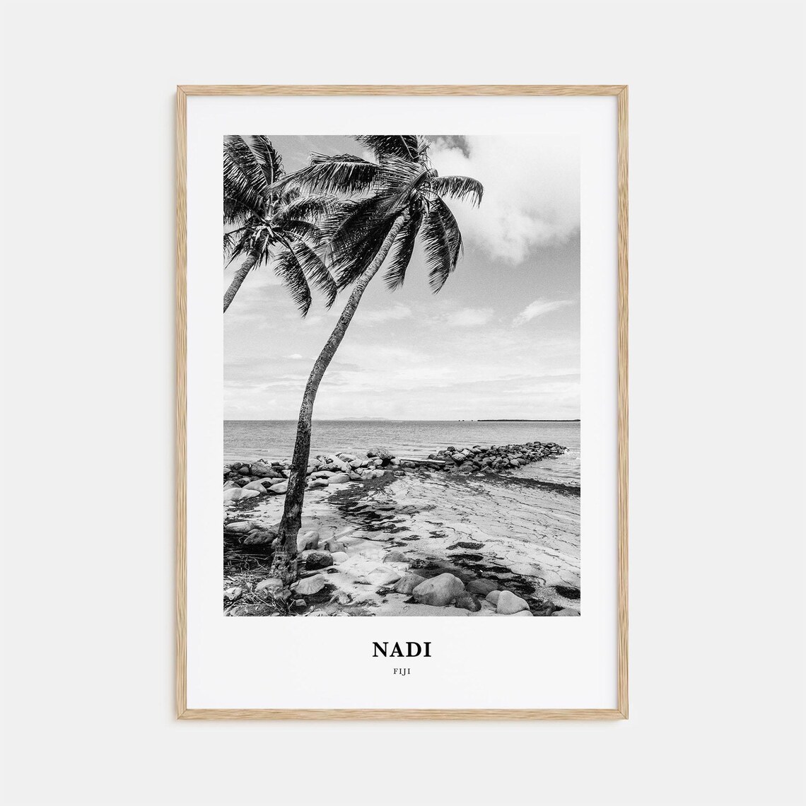 Nadi Fiji Palm Trees Rocky Shoreline Black and White Art Print